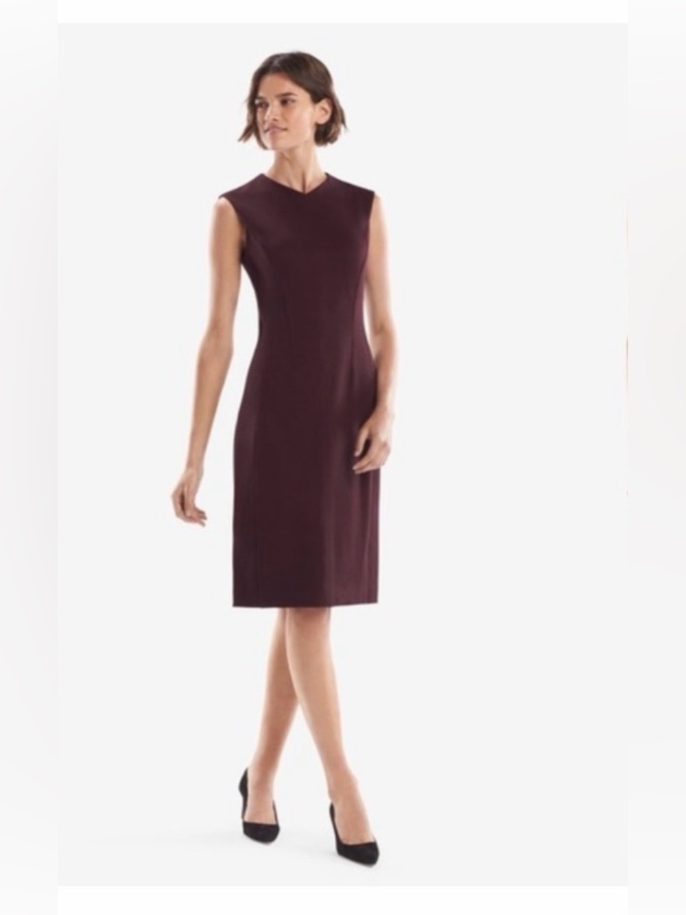 MM LaFleur “Maggie” Sleeveless Sheath Dress in Burgundy Malbec ponte knit